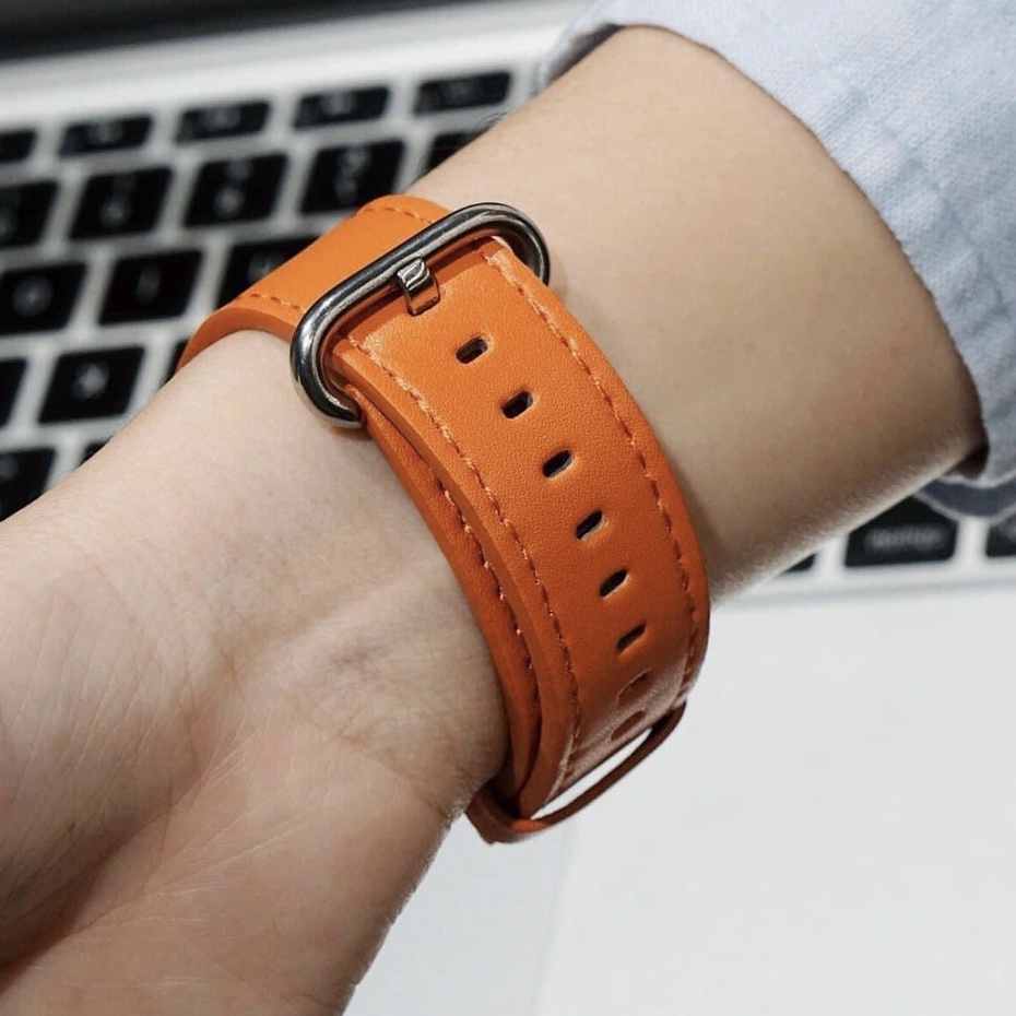 Dây Da HerMes Cam Khóa Tròn Dây Đeo Dành Cho Đồng Hồ Thông