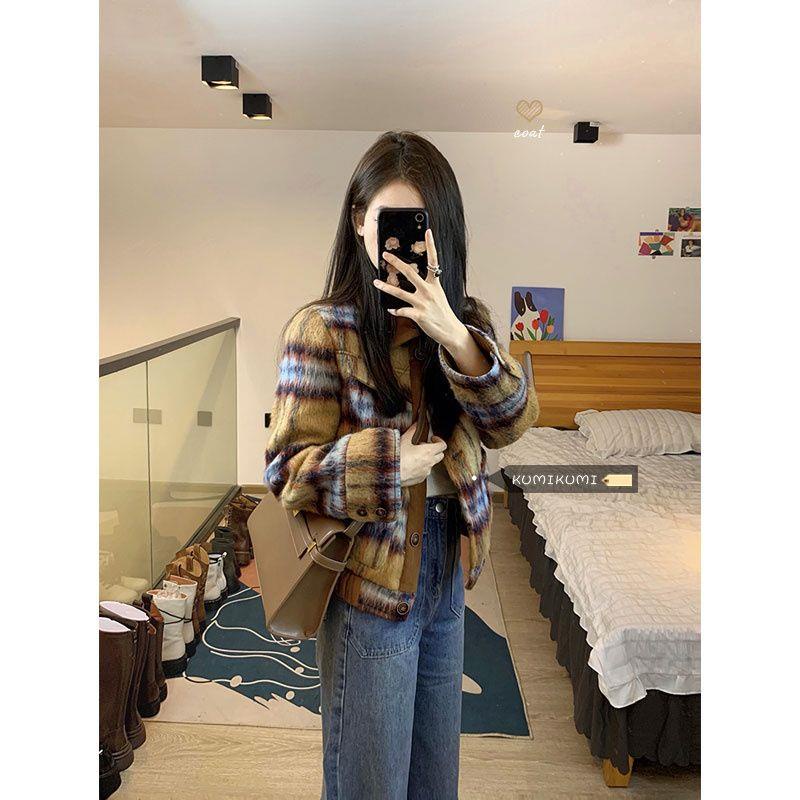 Áo Khoác Cardigan Họa Tiết Sọc Caro Phong Cách Retro Thời Trang Thu Đông Cho Nữ