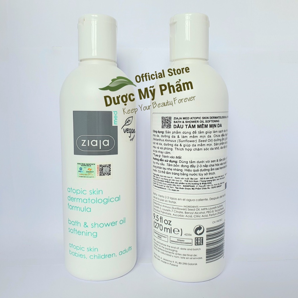 Sữa Tắm Mềm Mịn Da Ziaja Med Atopic Skin Dermatological Formula Bath & Shower Oil Softening 270ml