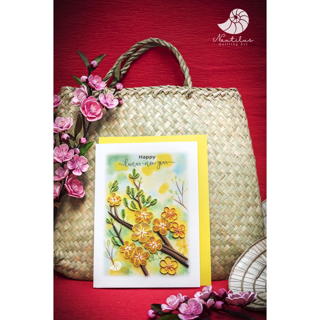 Thiệp Quilling Giấy Xoắn, Thiệp Tết Hoa Mai, Thiệp giấy Handmade làm Quà lưu niệm tặng Người thân 13cmx18cm (Size To)
