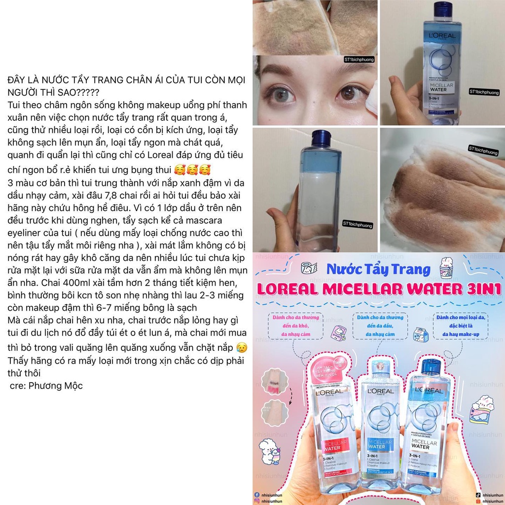 Tẩy trang Lo re al 3 Màu - Xanh nhạt - Xanh dầu - Hồng