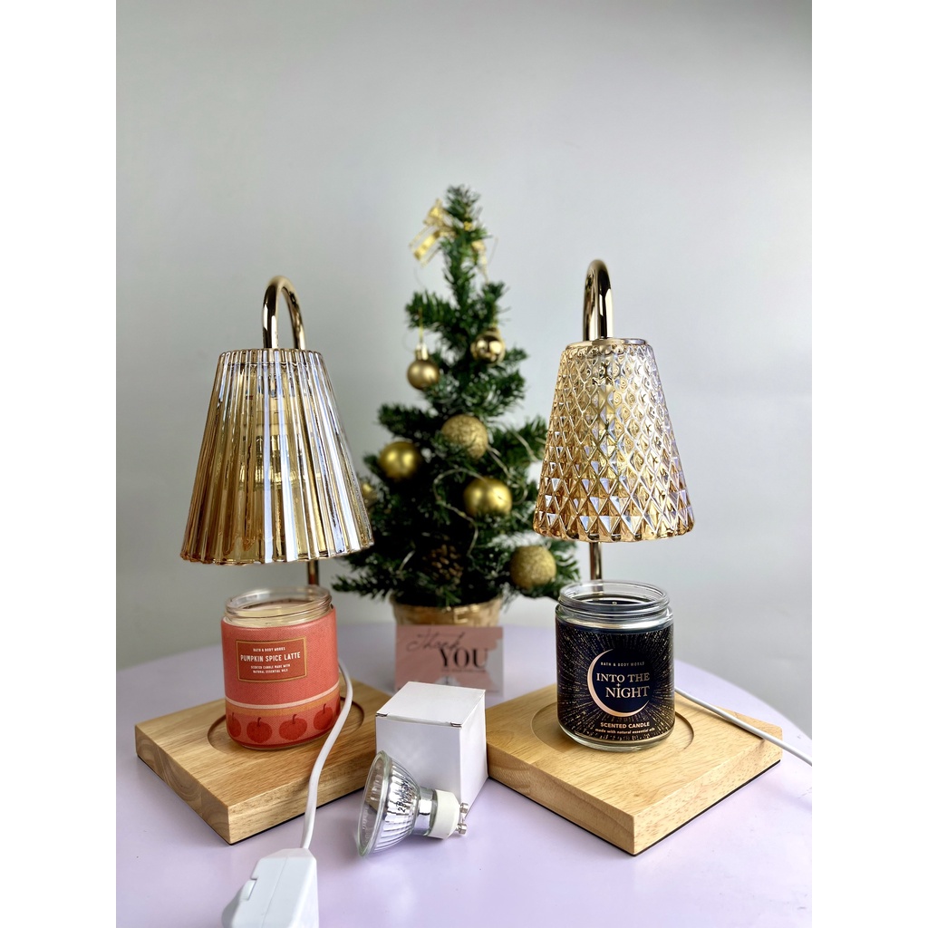 Đèn đốt nến thơm đế gỗ nón thủy tinh có chỉnh độ sáng - tặng kèm bóng