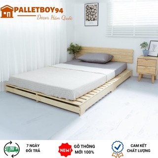 Giường pallet gỗ thông lắp ráp gỗ mới 100%, có đầu giường, chân cao 10cm - palletboy94