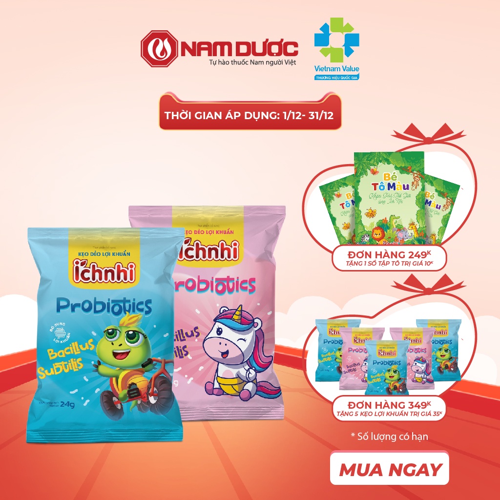Kẹo dẻo lợi khuẩn Ích Nhi (dây 10 gói) chứa lợi khuẩn bacillus subtilis hỗ trợ tiêu hóa, đề kháng, tăng hấp thu