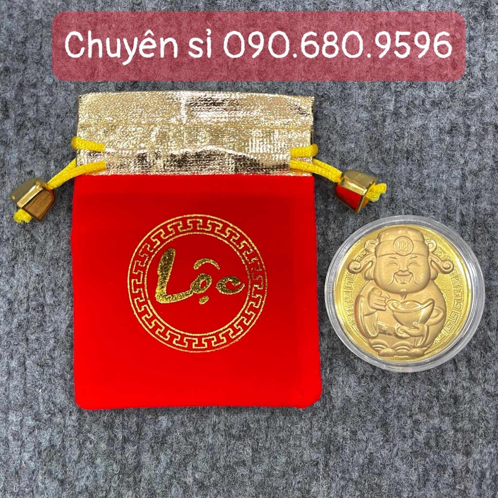 Đồng Xu Thần Tài Đến Mạ Vàng(Lá Vàng) Kèm Túi Gấm Phúc Lộc, Tặng Tết, Phát Lộc Cực May Mắn