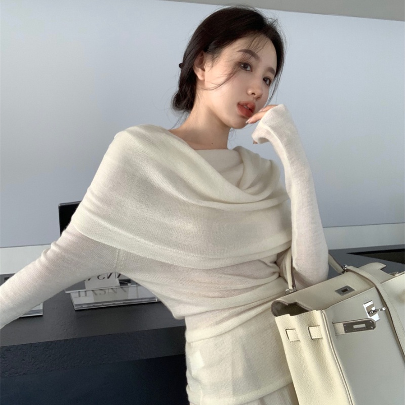 COZOK Áo kiểu COZOK dệt kim tay dài thiết kế trễ vai ôm dáng vừa vặn thời trang dành cho nữ