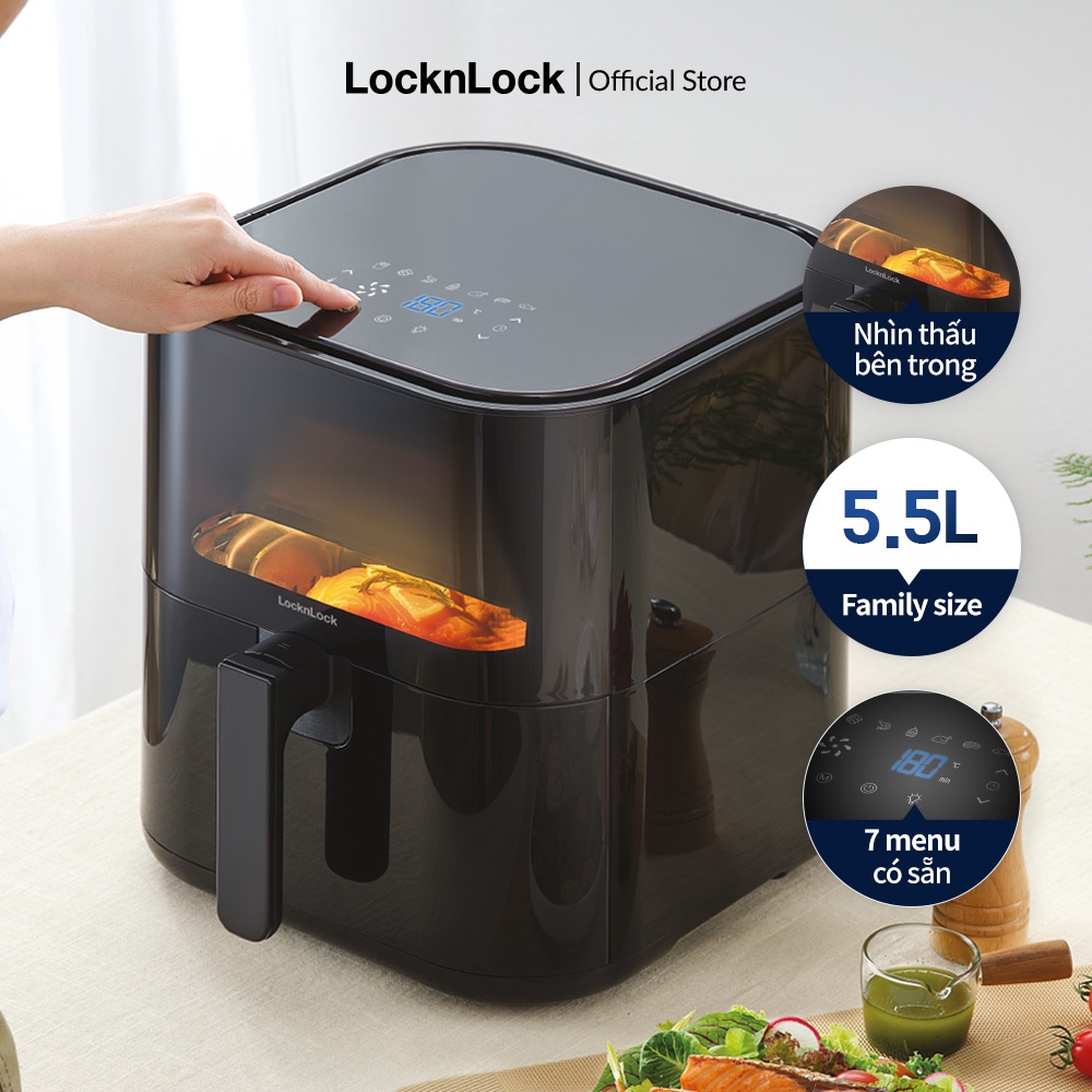 Nồi chiên không dầu Lock&Lock Visible air fryer CUBE 5.5L cửa sổ trong suốt-EJF996BLK