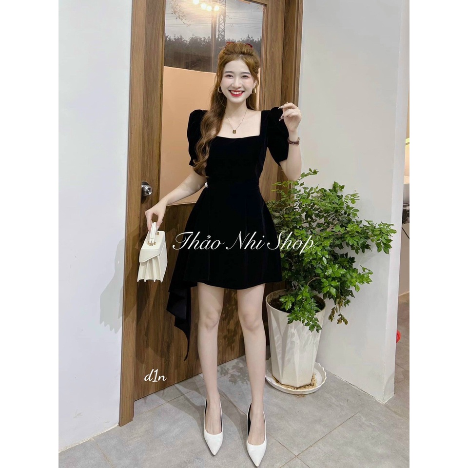 Đầm tiểu thư đi chơi tiệc, đầm cổ vuông tay phồng hàn quốc chất nhung phối tà đính đá siêu đẹp