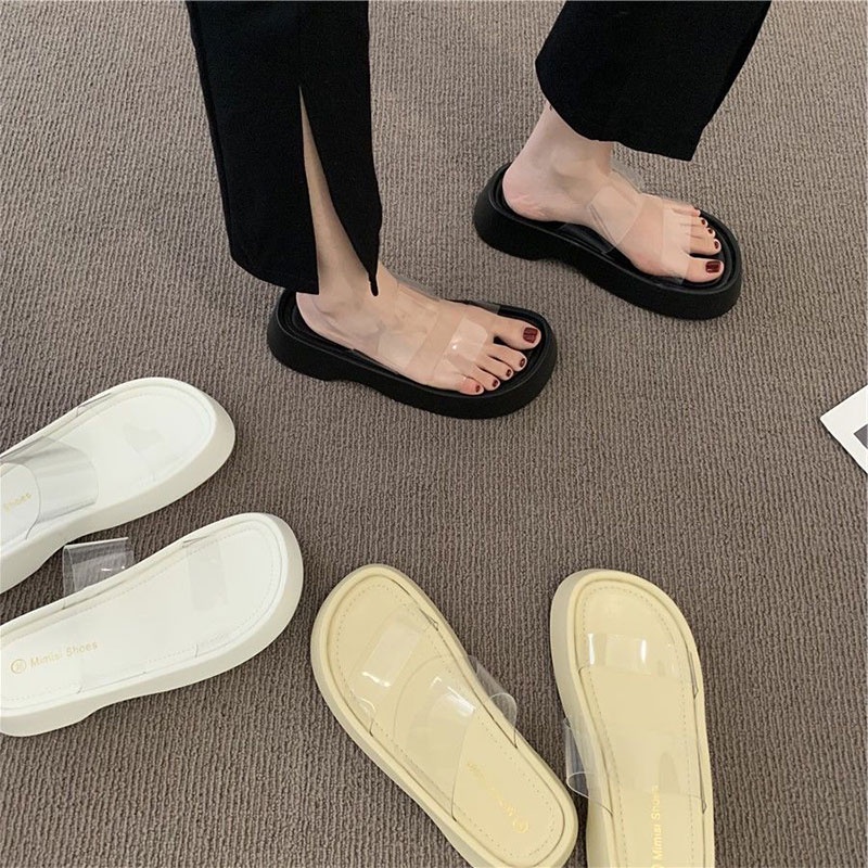 Prowow❤Dép Sandal Đế Dày Hở Ngón Quai Ngang Trong Suốt Thời Trang Cho Nữ