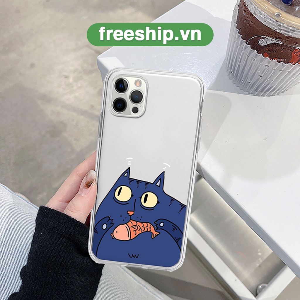 Ốp lưng iphone mèo béo xanh lam hóng hớt siêu cấp cute cạnh vuông cho 6/6splus7/7plus8/8plus/x/xr/xs/11/12/13/14/pro/max