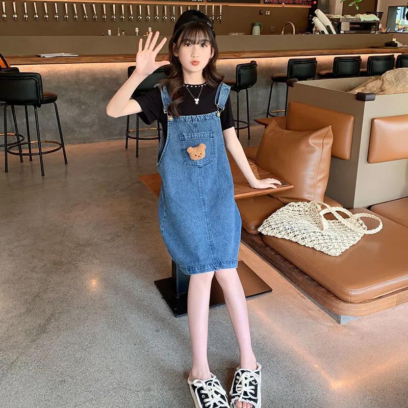 Bộ Áo Thun Dáng Rộng + Váy Yếm Denim Thời Trang Cho Bé Gái 3-5 - 8-10 - 14 Tuổi Váy dây đeo màu xanh