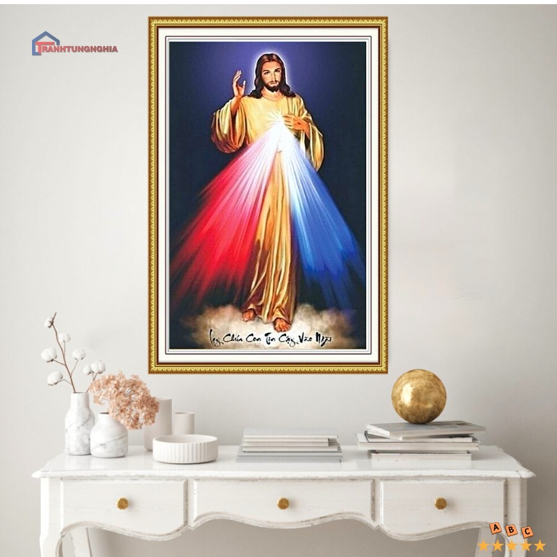 Tranh đính đá, tranh thêu chữ thập chúa giêsu lòng chúa thương xót