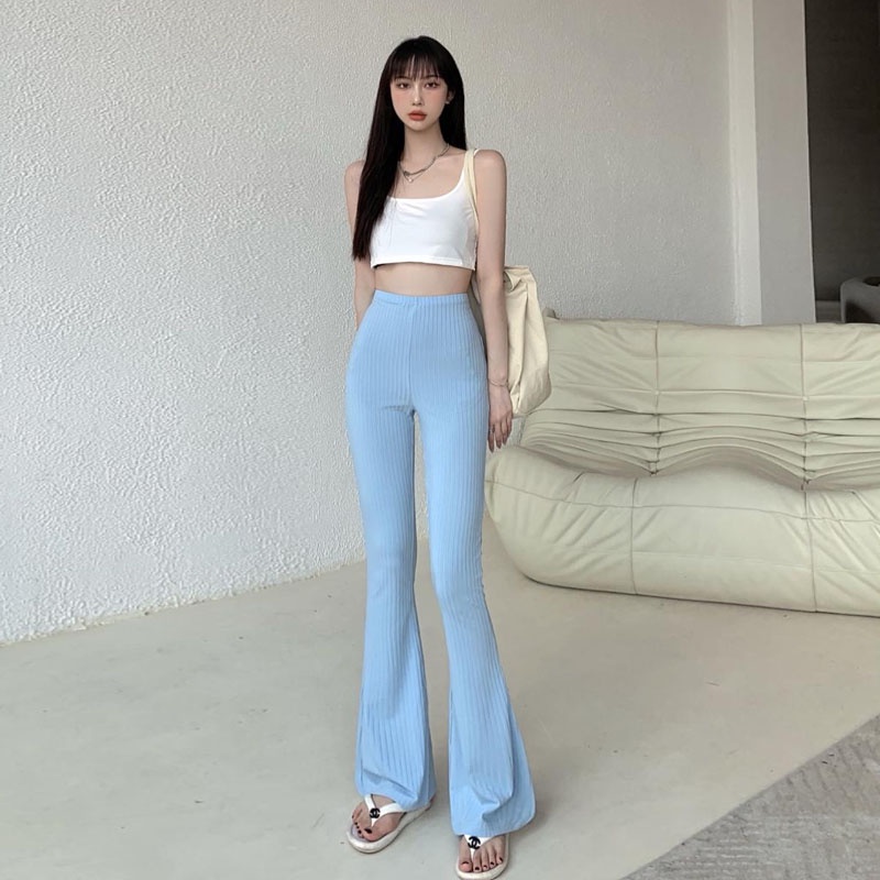 Dre-quần Ống Loe Ôm Dáng Màu Trơn Lưng Cao Màu Trơn Quyến Rũ Cho Nữ, Màu Đen/ Xanh Lá/ Xanh Dương/ Cà Phê