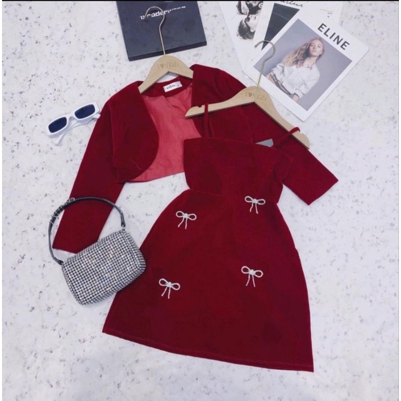 Set 2 chi tiết _ Váy  2 dây kèm áo khoác nhung sang chảnh bé gái