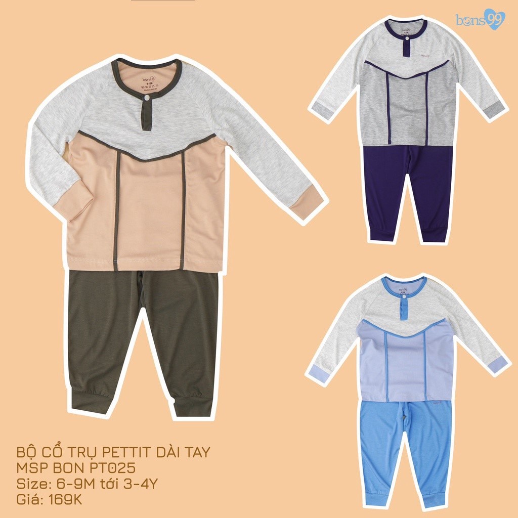 Bộ dài tay chui đầu/bổ trụ hoạ tiết chất petit Bons99 cho bé