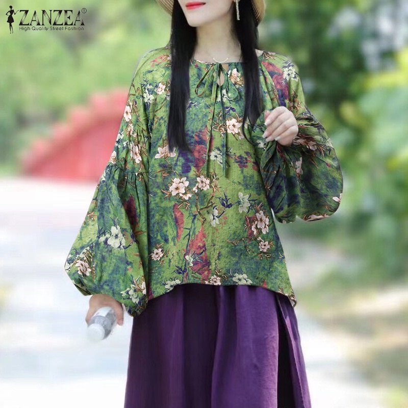 Áo kiểu ZANZEA cổ tròn tay phồng cột dây dáng rộng in họa tiết xinh xắn thời trang cho nữ