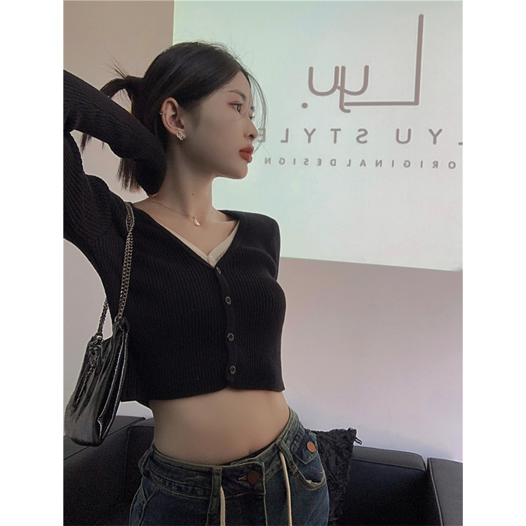 Áo croptop SUXI dệt kim tay dài cổ chữ V dáng ôm phong cách Hàn Quốc cho nữ