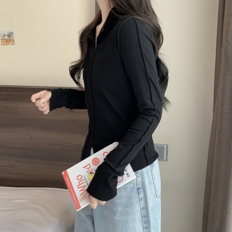 Áo thun nữ ZHELIHANGFEI tay dài cổ chữ v màu sắc đơn giản