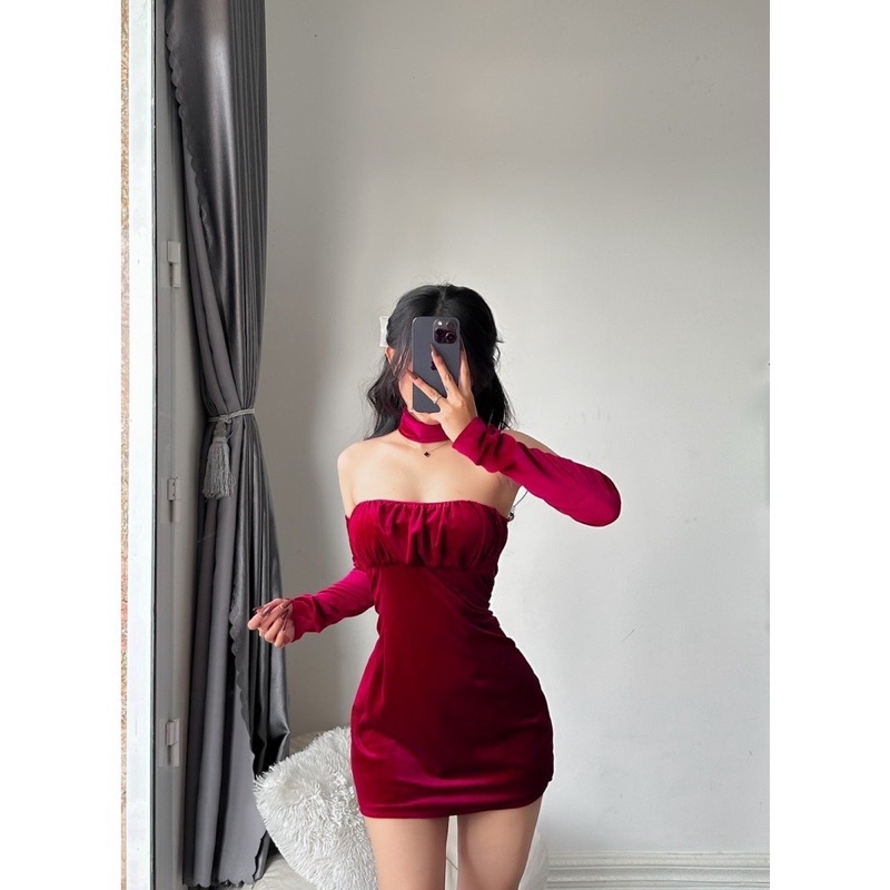 Đầm nhung đỏ đô ôm body siêu đẹp