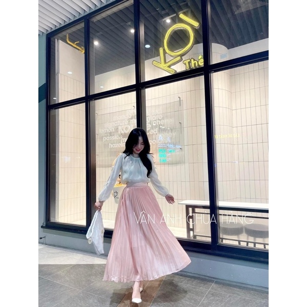 SET ÁO VOAN TRẮNG KHOÉT TAY THẮT NƠ CHÂN VÁY MIDI DẬP LY 🤎