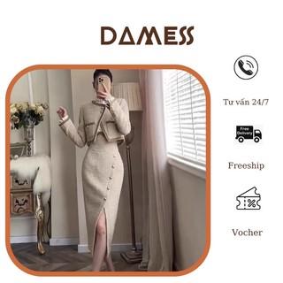 Sét dạ tweed chân váy cao, xẻ cách điệu, màu nâu nhạt hàng quảng châu chuẩn