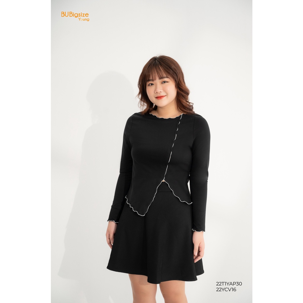 Áo thun cổ tròn nhún cuộn bèo trắng BIGSIZE (55kg đến 95kg) - 22T1YAP30 - [BU Bigsize Young]