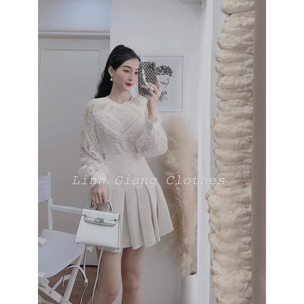 [ 𝐅𝐑𝐄𝐄 𝐒𝐇𝐈𝐏 ] Set áo hoa ren nổi mix chân váy xếp ly siêu xinh  Áo hoa ren bông nổi QC cao cấp siêu đẹp , hàng 2 lớp