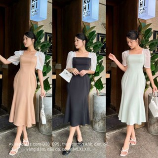 Đầm body cổ vuông tay phối voan