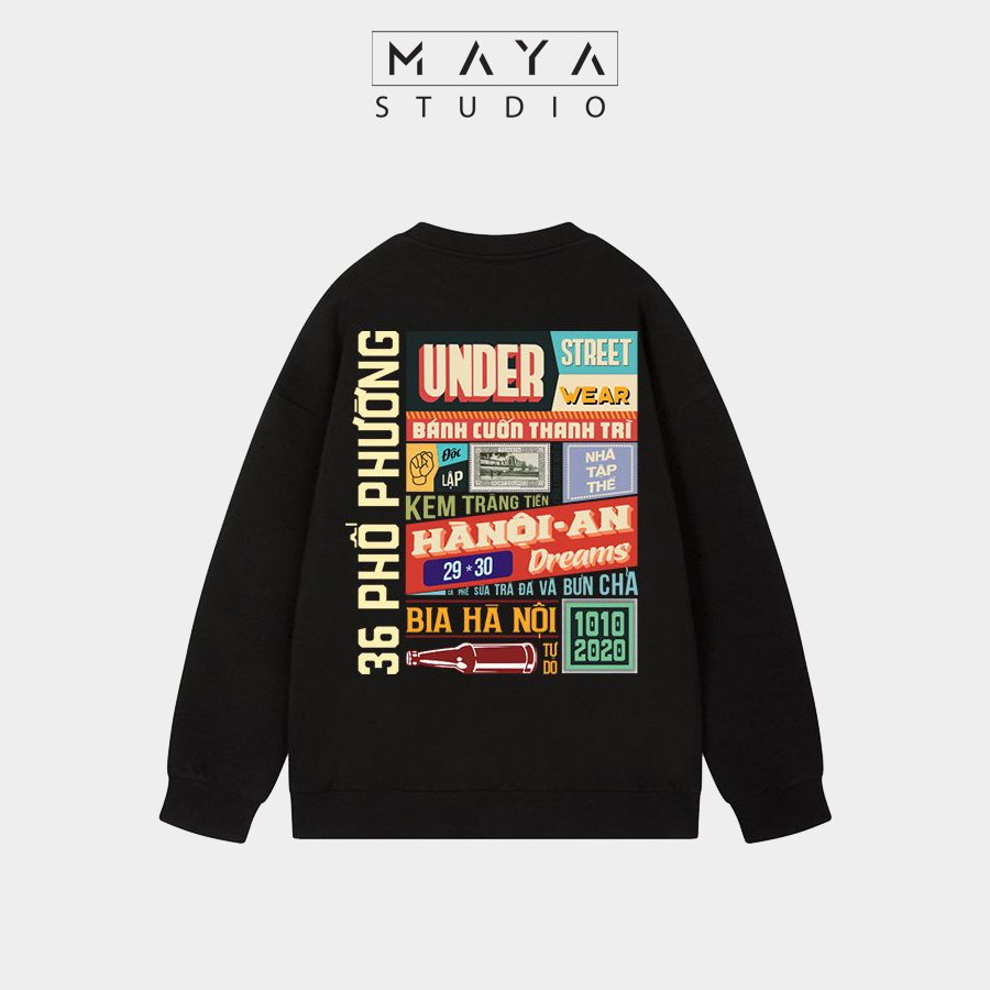 Áo sweater MAYA nỉ tay dài form rộng local brand unisex cho mùa thu đông, hoodie không nón mẫu HÀ NỘI UNDER