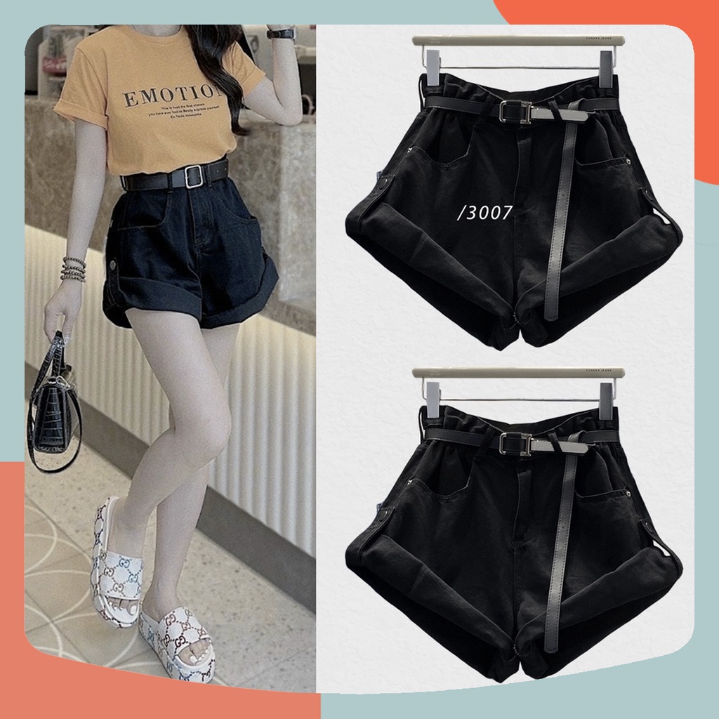 Quần Short Ngố Lai Lật Đính Nút 3007, Đen Tuyền, Lưng Cao, Không Giãn
