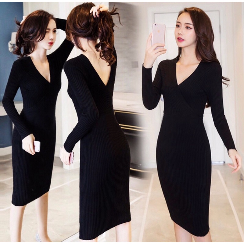 F378 Đầm Ôm Body Cổ Tim Đắp Chéo Trước Sau Tay Dài