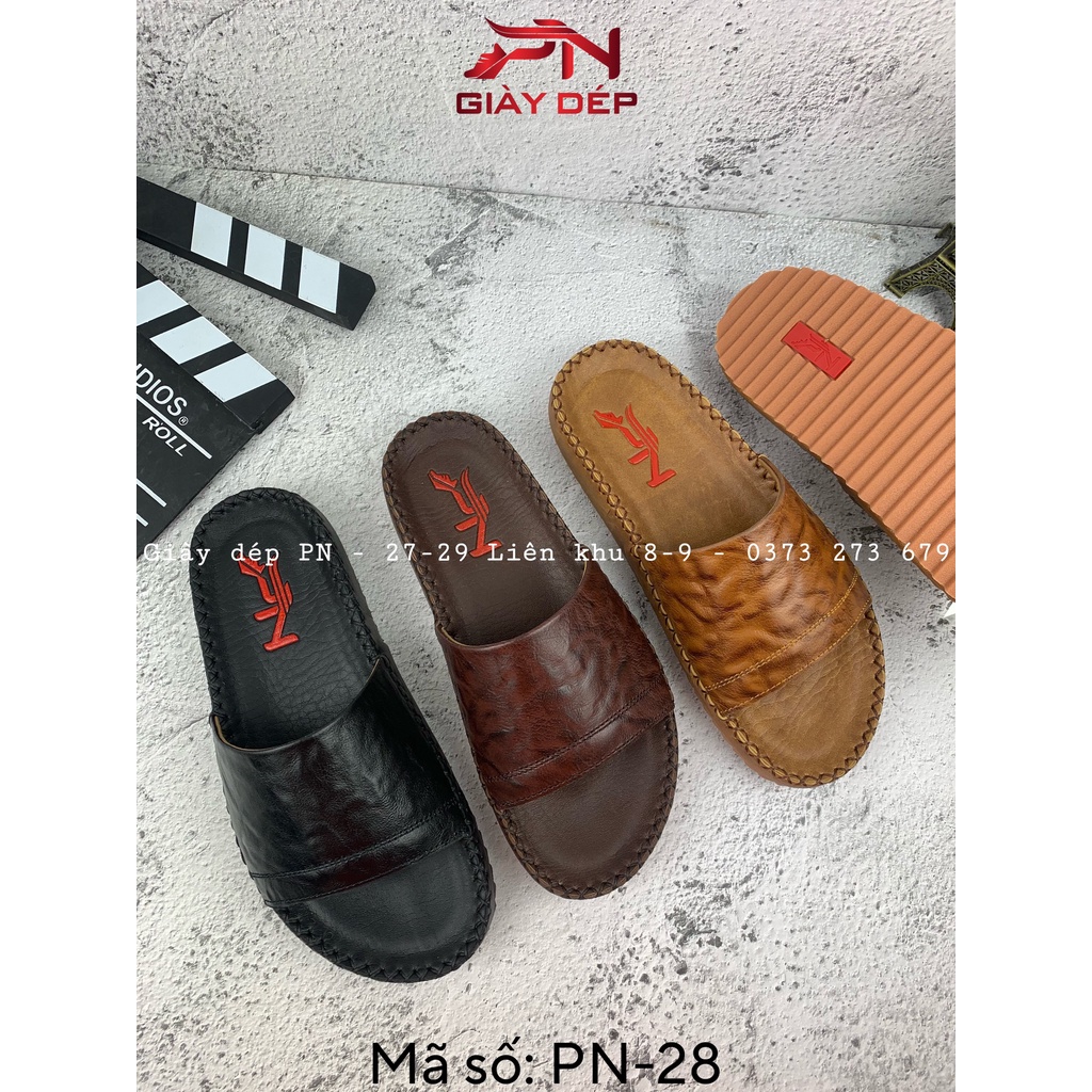 Dép nam quai ngang DA BÒ THẬT màu nâu PN-28