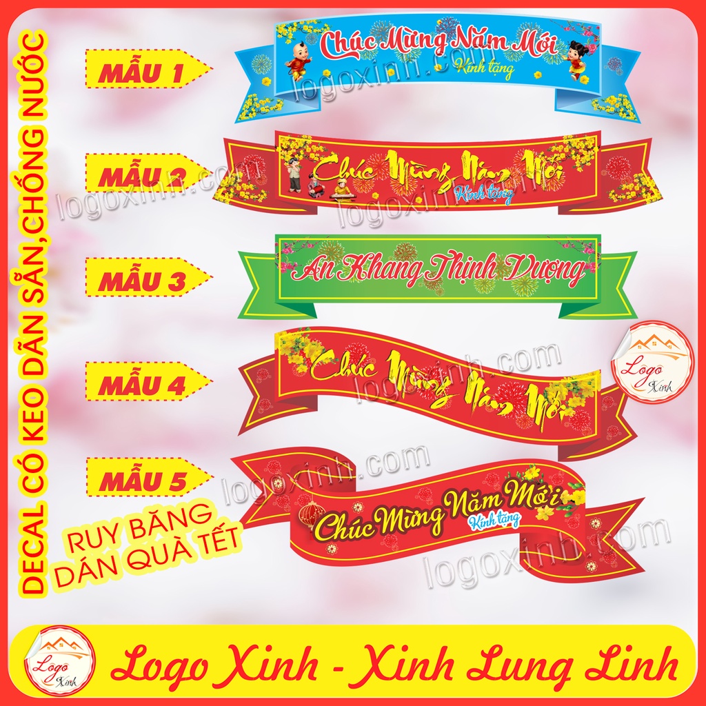 BỘ 5 Tem Ruy Băng Dạng Decal Dán Trang Trí Giỏ Quà Tết, Trang Trí Đồ Tết Có Keo Dán Sẵn, Chống Nước, Chúc Mừng Năm Mới