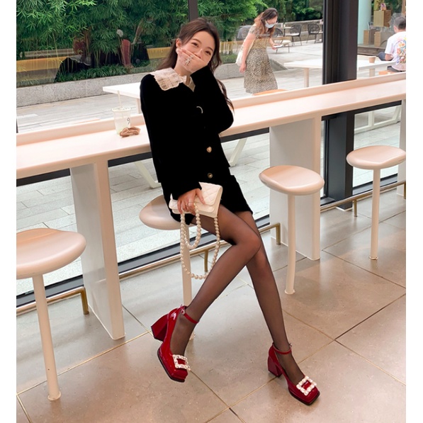 Giày cao gót đế dày phong cách lolita da trơn bóng cho nữ, Giày đế độn kiểu búp bê cho nữ 2023