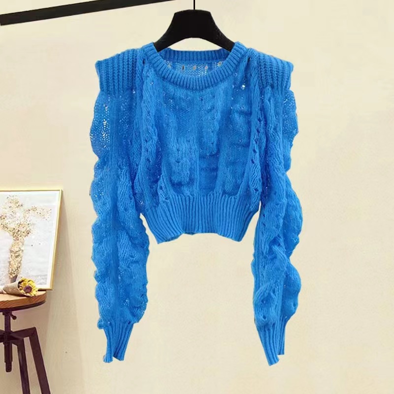 Áo kiểu SUXI dệt kim cổ tròn tay dài khoét lỗ màu sắc đơn giản thời trang cho nữ