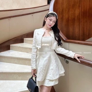 Set áo khoác dạ và váy tweed đính nơ