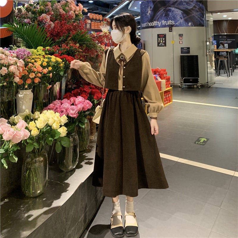 🎀váy babydoll dáng dài váy mùa đông cho nữ váy dài Đầm Giả Hai Mảnh Dáng Dài Phối Nơ Phong Cách Pháp Cổ Điển Mẫu Mới 2022