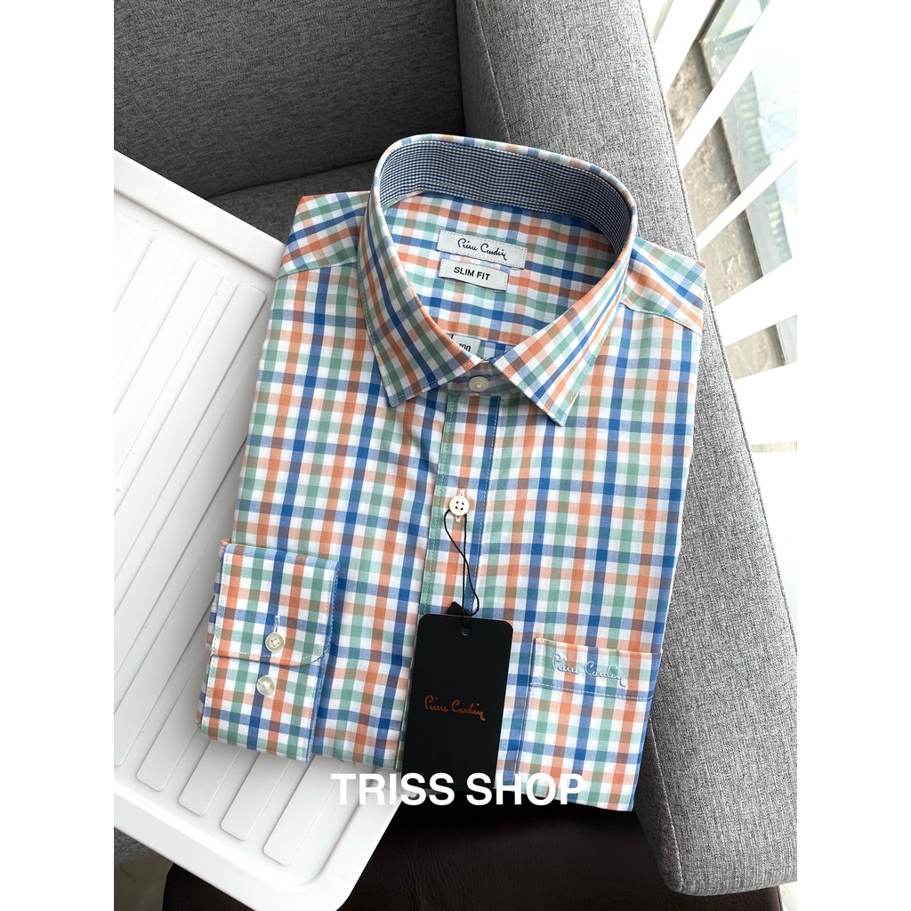 Áo sơ mi nam dài tay họa tiết caro cao cấp Pierre cardin 12 vải cotton chống nhăn form slimfit