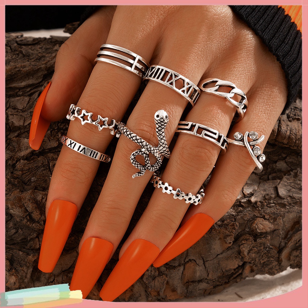 Set 9 nhẫn đeo tay kim loại tạo hình rắn cá tính cho nữ