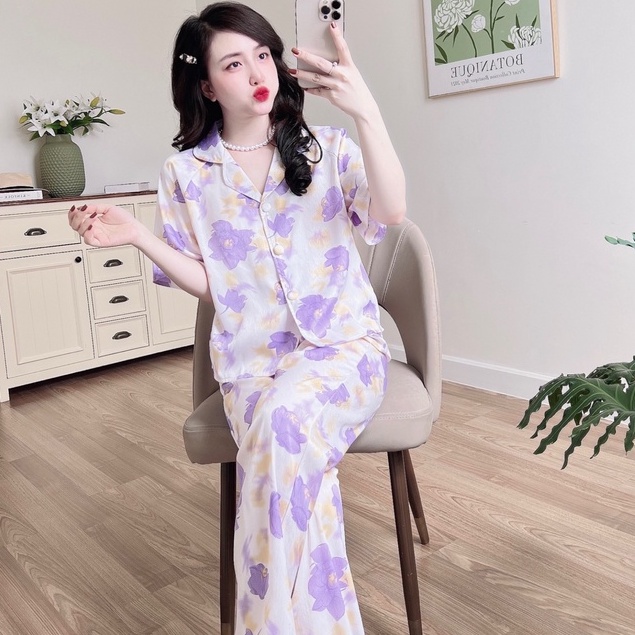 Bộ Nữ Pijama SOJJUN Đồ Mặc Nhà Quần Dài Tay Ngắn Lụa Xước Tô Châu Cao Cấp 40-62kg