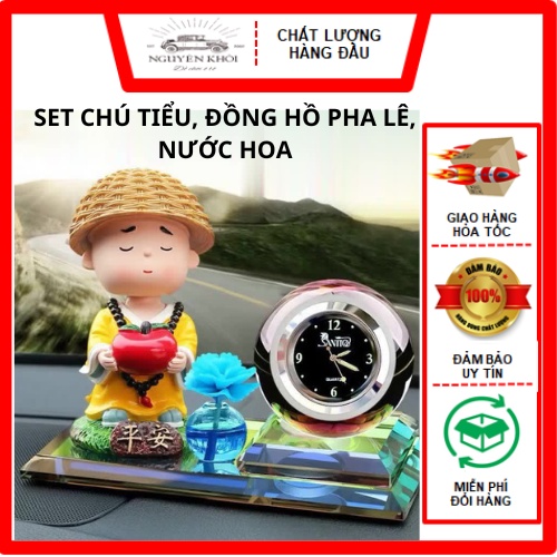 Tượng phật để ô tô, taplo, tượng trang trí, chú tiểu cầm táo,đồng hồ quả cầu pha lê, nước hoa nk car accessory