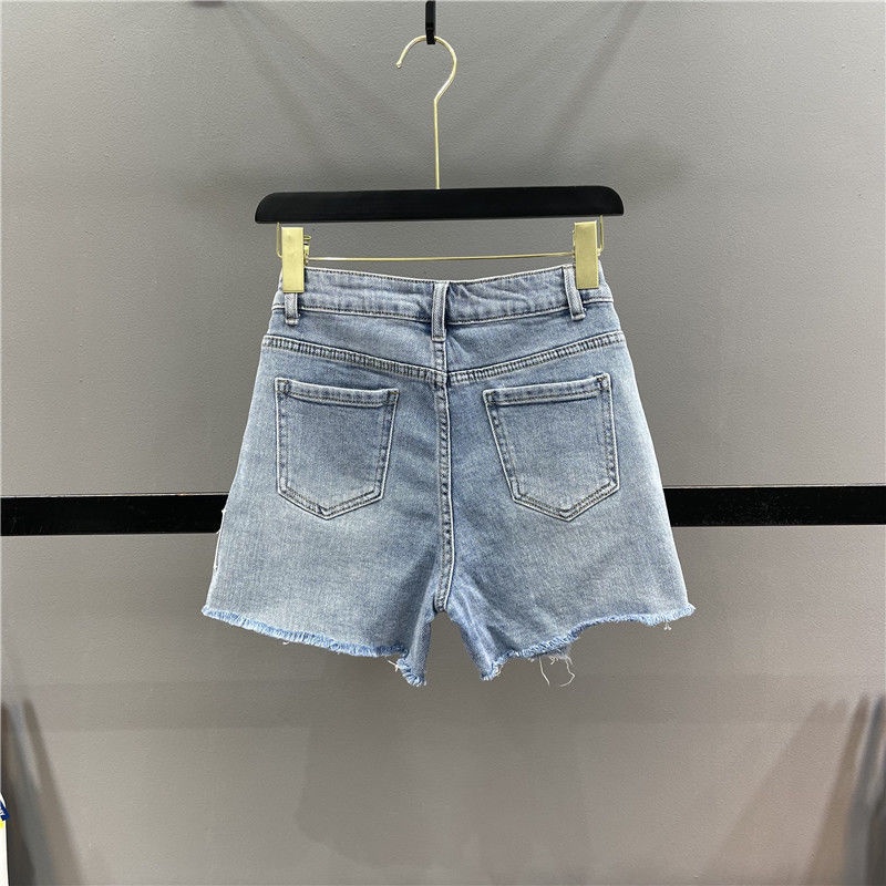 Jiashucheng Quần Short Denim Ống Rộng Rách Cạp Cao Phối Màu Tương Phản Phong Cách Mới Cho Nữ