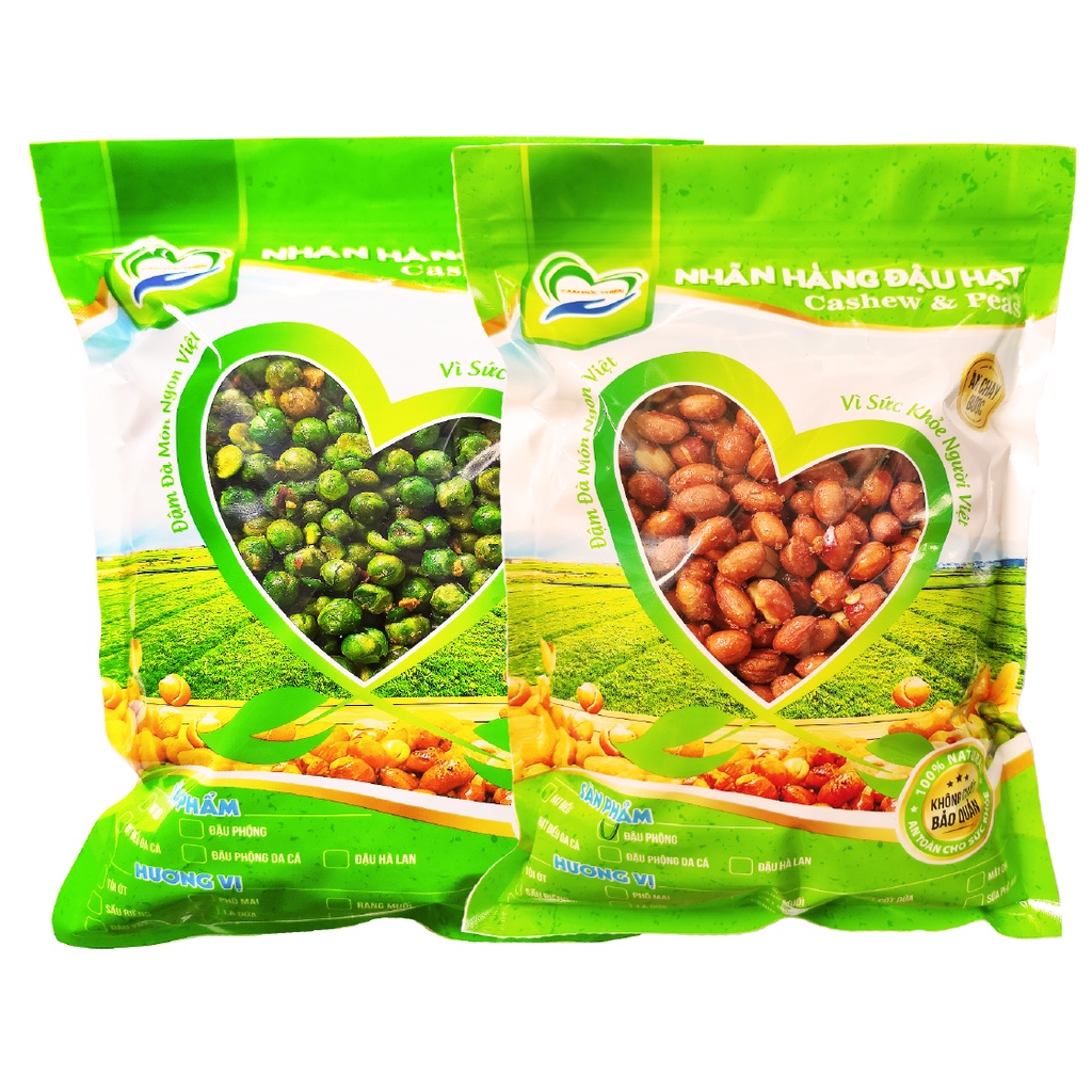 Combo 1KG Tự Chọn: Đậu Phộng Rang Tỏi Ớt và Hà Lan Rang Tỏi Ớt Tâm Đức Thiện 2 x Túi 500GR đồ ăn vặt