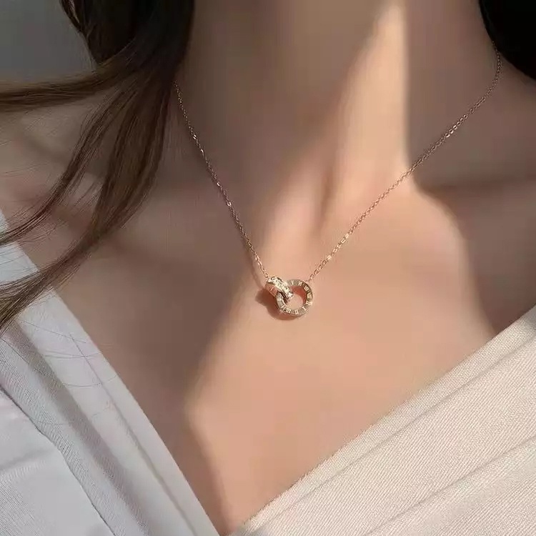 Besfome Set Vòng cổ Và Bông Tai Hai Vòng Tròn Khắc Số La Mã Đính Đá Zircon Thời Trang