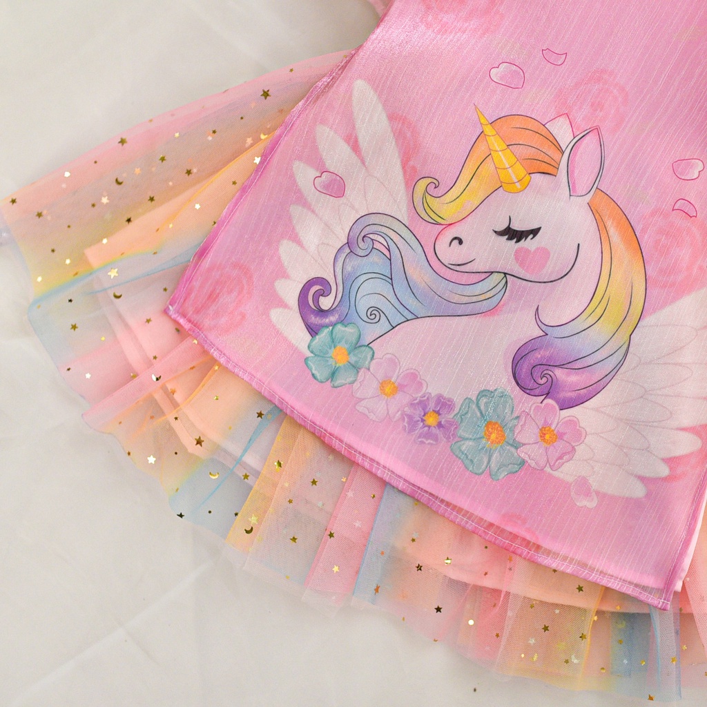 Áo dài bé gái in hoạt hình polly sét áo dài bé gái chất liệu tơ xước ánh kim kèm chân váy cầu vòng đủ size