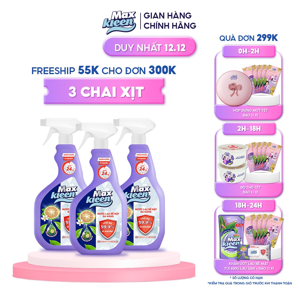 Combo 3 Chai Nước Lau Bề Mặt Đa Năng MaxKleen (520ml/chai)