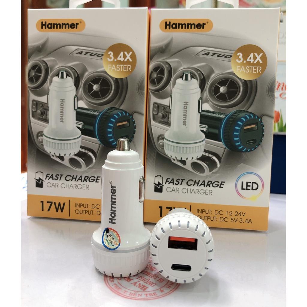 Cóc sạc xe hơi Hammer H-CA09, 3,4A, 17W, cổng USB + Type, Hàng chính hãng