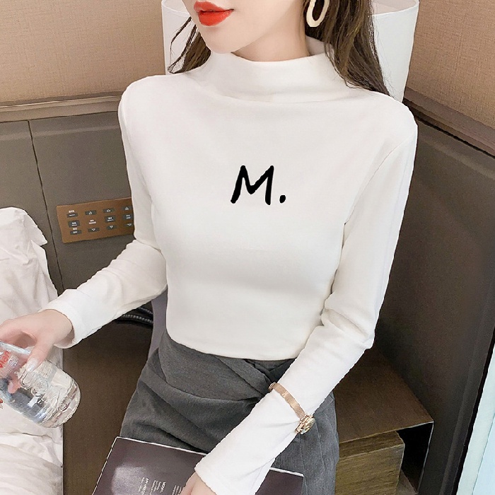 Áo Thun Nữ Dài Tay Cổ Cao In Chữ Phong Cách Hàn Quốc