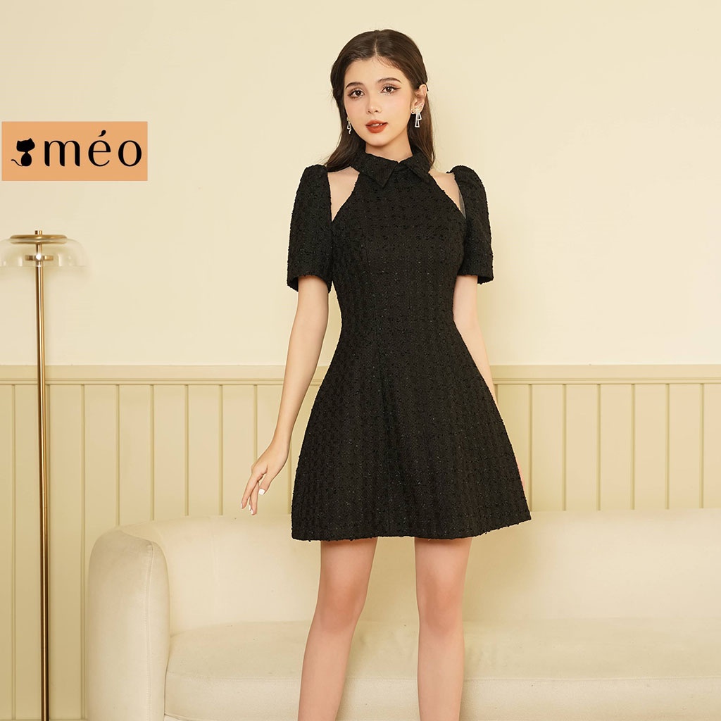 Váy liền nữ Méo shop dạ tweed cổ sơ mi khoét vai cách điệu Kunfa