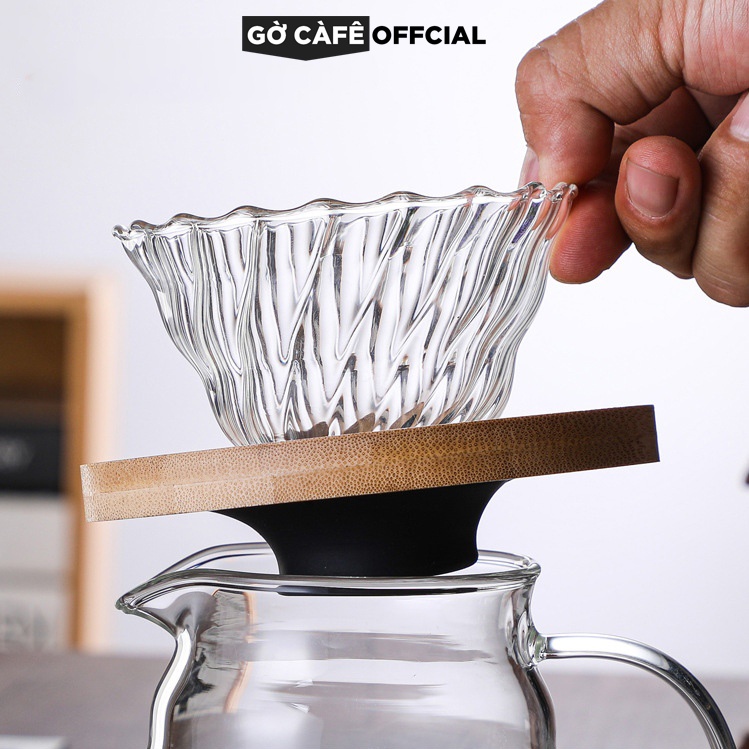 Phễu V60 thủy tinh đế gỗ pha cà phê Pour Over